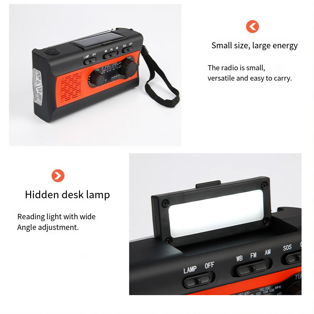 Radio de manivela de emergencia solar con linterna LED Banco de energía SOS (rojo 4000 mAh)