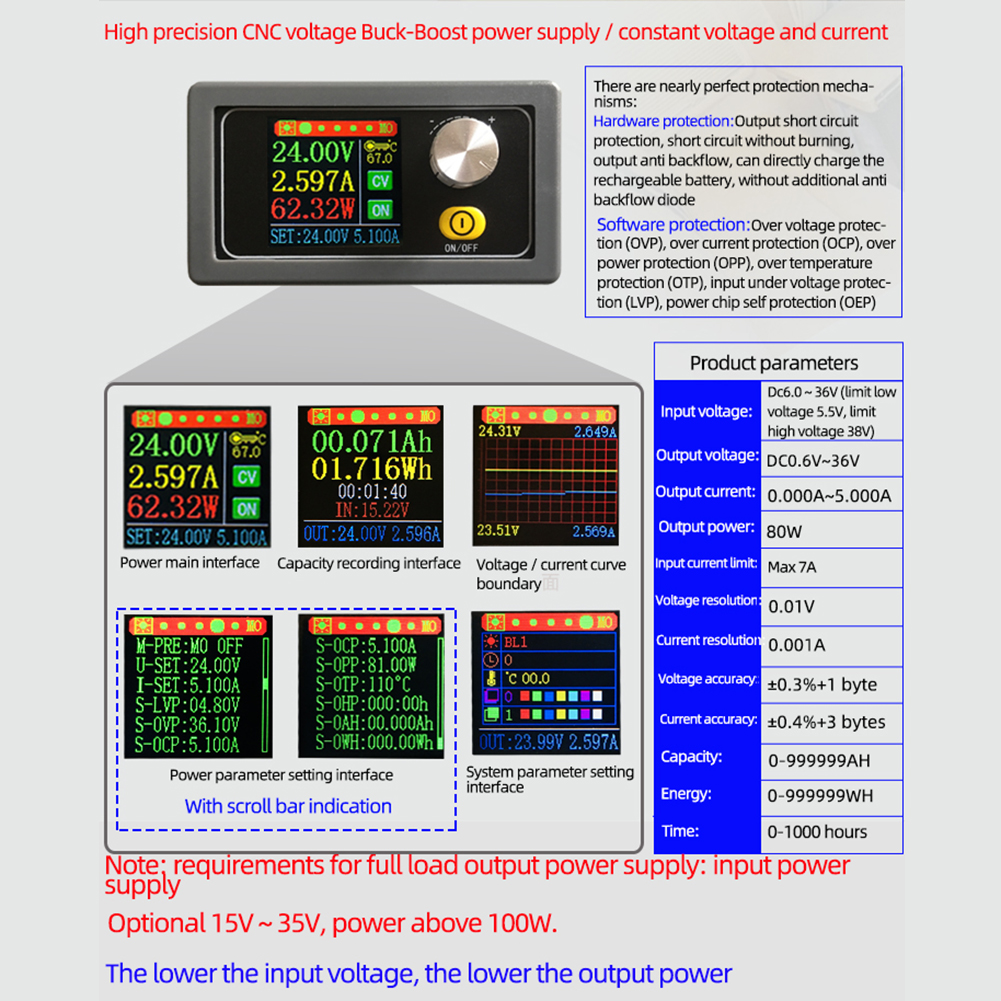 DC DC Buck Boost Converter CC CV 0.6-36V 5A Módulo de alimentación LCD de 4.4 pulgadas (XY S3580W)