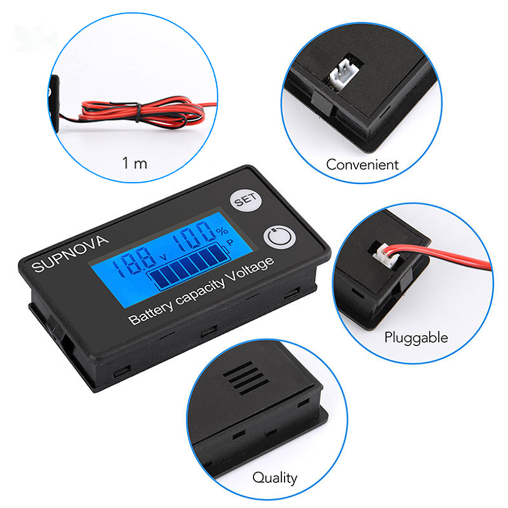 Indicador de capacidad de la batería DC 8-100V LCD Medidor de voltaje digital (temperatura de alarma azul)