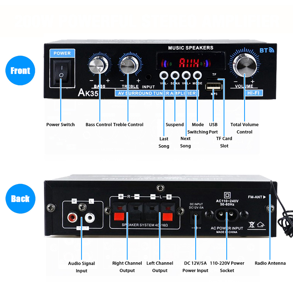 thumbnail image 2 of Amplificador de audio HiFi Bluetooth AK35 Amplificador de potencia de 2 canales con USB TF RCA AUX + Control remoto, 2 of 6