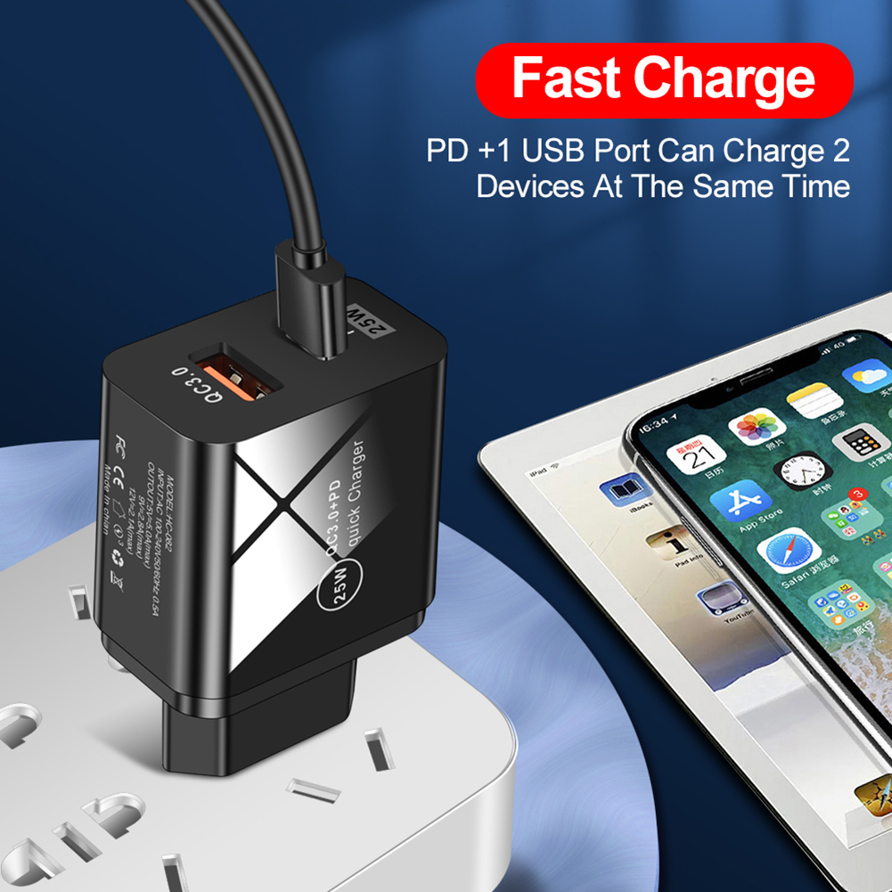 thumbnail image 1 of 25W QC3.0+PD Dual Port Type-C Cargador de teléfono Accesorio de adaptador de carga rápida, 1 of 7