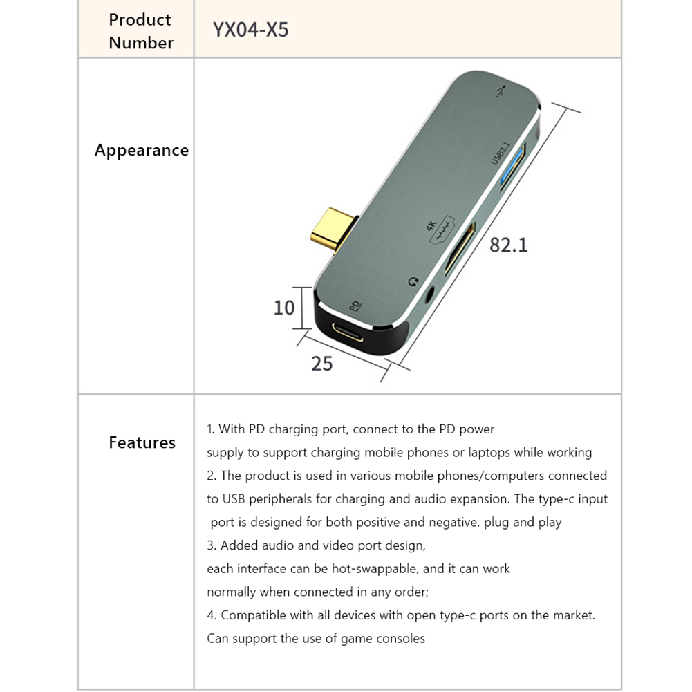 Concentrador tipo C de 1 a 3,55 mm PD USB3. Extensor USB 2.0 compatible con HDMI (YX04-X5)